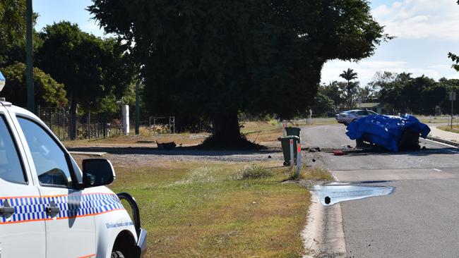 Police blocked off Queens Road, Bowen, between Kings Beach Road and King Street after a car crash on Wednesday morning. Picture: Kirra Grimes