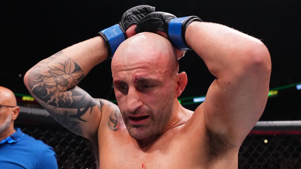 Alexander Volkanovski of Australia reacts after his TKO loss against Islam Makhachev of Russia in the UFC lightweight championship fight during the UFC 294 event at Etihad Arena on October 21, 2023 in Abu Dhabi, United Arab Emirates. (Photo by Chris Unger/Zuffa LLC via Getty Images)