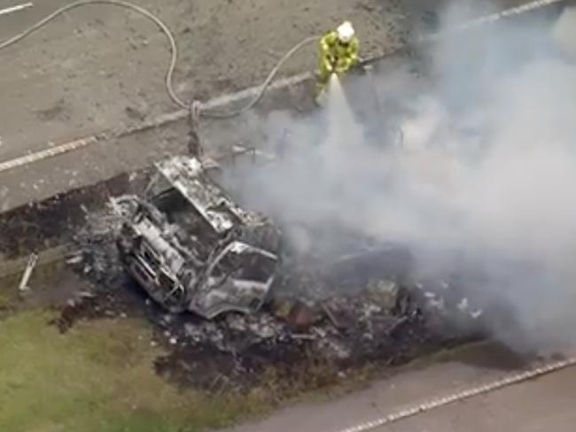 A motorhome has caused traffic chaos on the M1 near Sydney after it caught fire. Picture: Nine News via NCA NewsWire