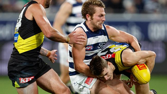 Tom Atkins laid 11 tackles for the match. Picture: Dylan Burns/AFL Photos via Getty Images