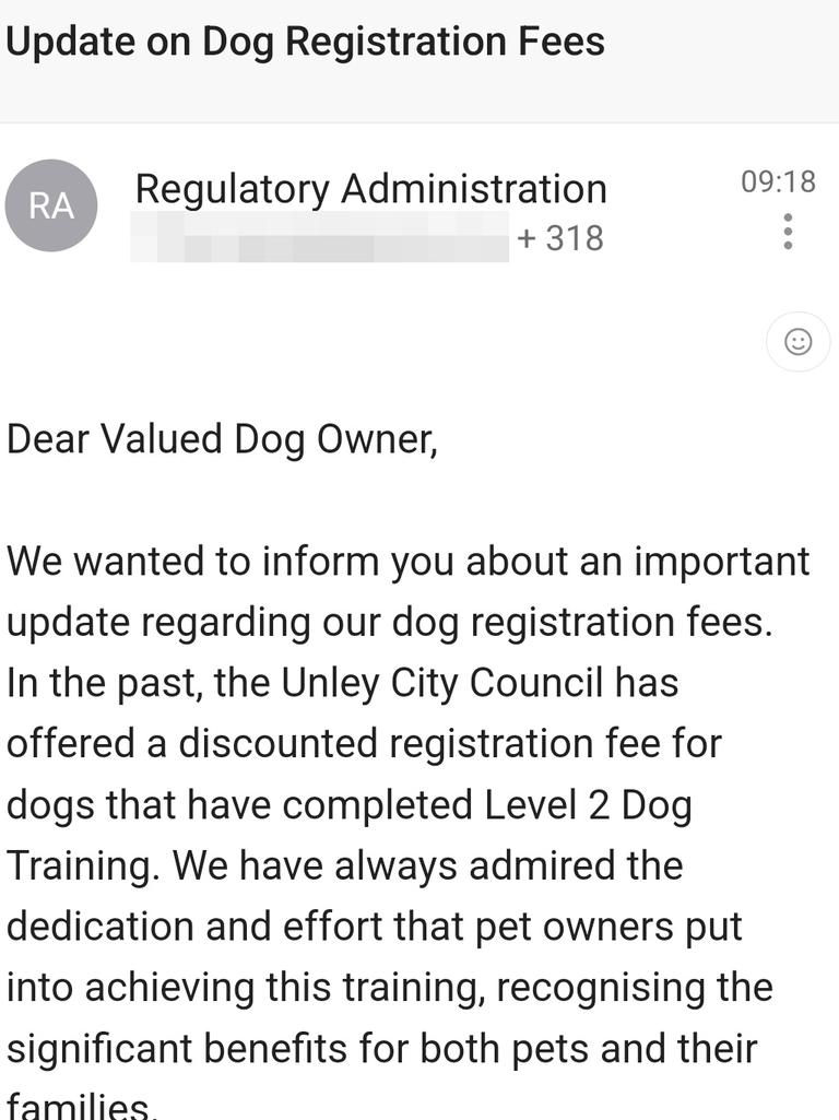 An email sent by Unley Council about dog registration fees inadvertently included the email addresses of 319 ratepayers. Picture: Supplied