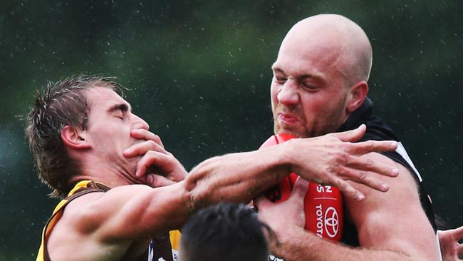 Russell Gabriel showing his strength for Frankston in the VFL.