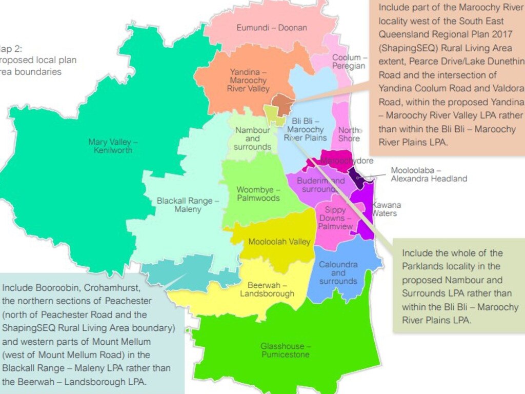 Part of the draft planning scheme proposes 18 new local plan boundaries. Picture: Sunshine Coast Council