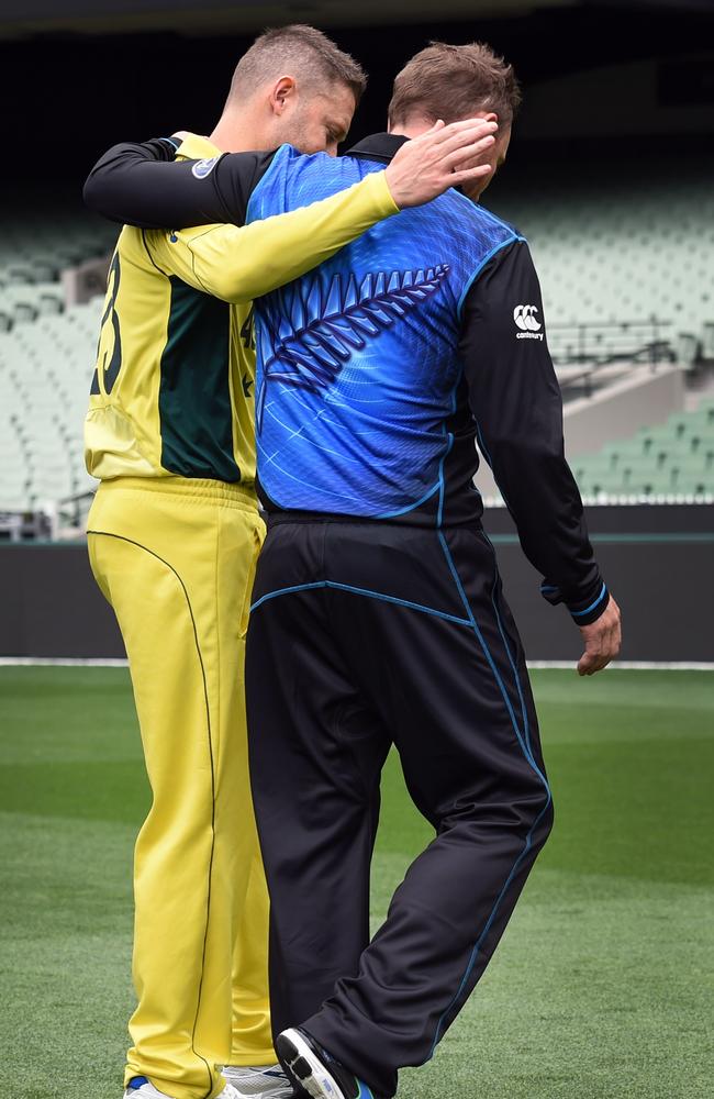 Michael Clarke and Brendon McCullum embrace ahead of the World Cup final.