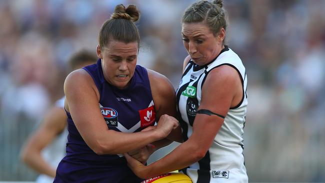 Stacey Barr and Amelia Barden square off for in front of a huge crowd. Picture: Getty Images