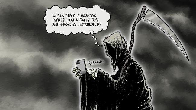 Cartoon of the year in the Rotary Cartoon Awards for 2020 is John 'Polly' Farmer's depiction of the grim reaper utilising the latest in social media technology. His cartoon is on display at the National Cartoon Gallery in Coffs Harbour until February 28. Image: John 'Polly' Farmer.