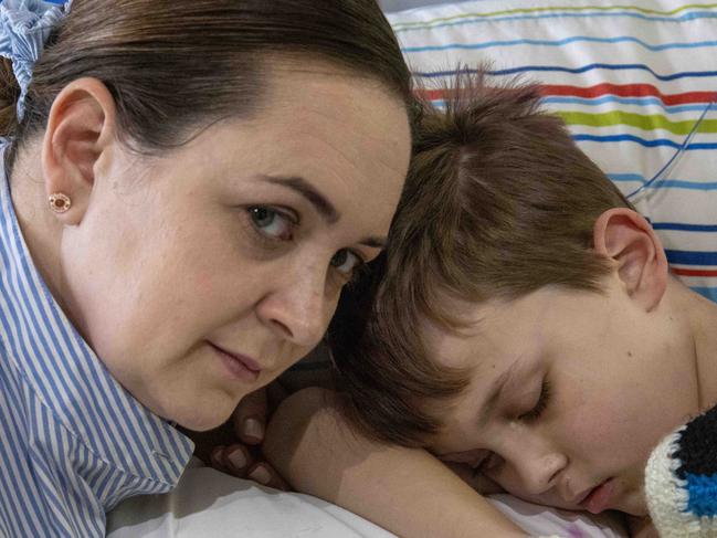 August 15, 2024: Simone Suggate with Fraser at the WomenÃs and ChildrenÃs Hospital. Nine-year-old Fraser Suggate is an incredible basketball player, he loves his family and he has a brain tumour heÃs named ÃBob the BlobÃ.  Picture: Kelly Barnes