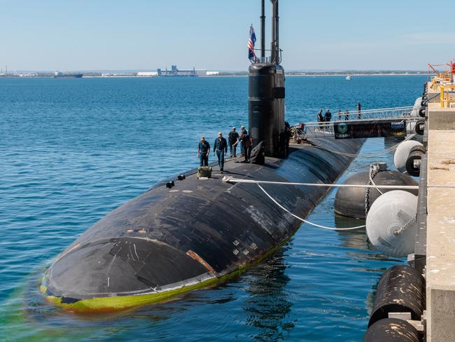 A general view of the USS Asheville, a Los Angeles-class nuclear powered fast attack submarine, at HMAS Stirling, Western Australia on Tuesday, March 14, 2023. Picture: NCA NewsWire / pool / Richard Wainwright