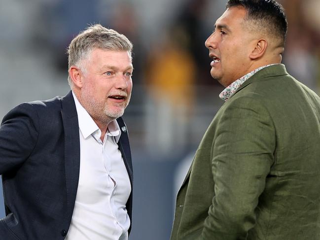 AUCKLAND, NEW ZEALAND - MARCH 16:Wellington Phoenix coach Giancarlo Italiano   (R) with Sydney FC coach Ufuk Talay  during the A-League Men round 21 match between Wellington Phoenix and Sydney FC at Eden Park, on March 16, 2024, in Auckland, New Zealand. (Photo by Fiona Goodall/Getty Images)