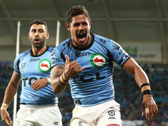 Dane Gagai celebrates a try. Picture: NRL Photo/Jason O'Brien