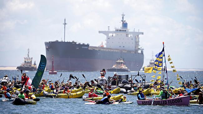 Rising Tide protesters in kayaks at Horseshoe Beach. It is not suggested anyone pictured entered into the exclusion zone or were arrested by police. Picture: Adam Yip