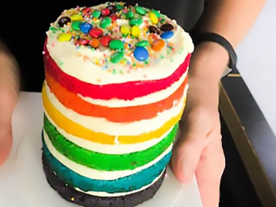 Birgitta’s Kitchen’s towering vanilla rainbow cake.