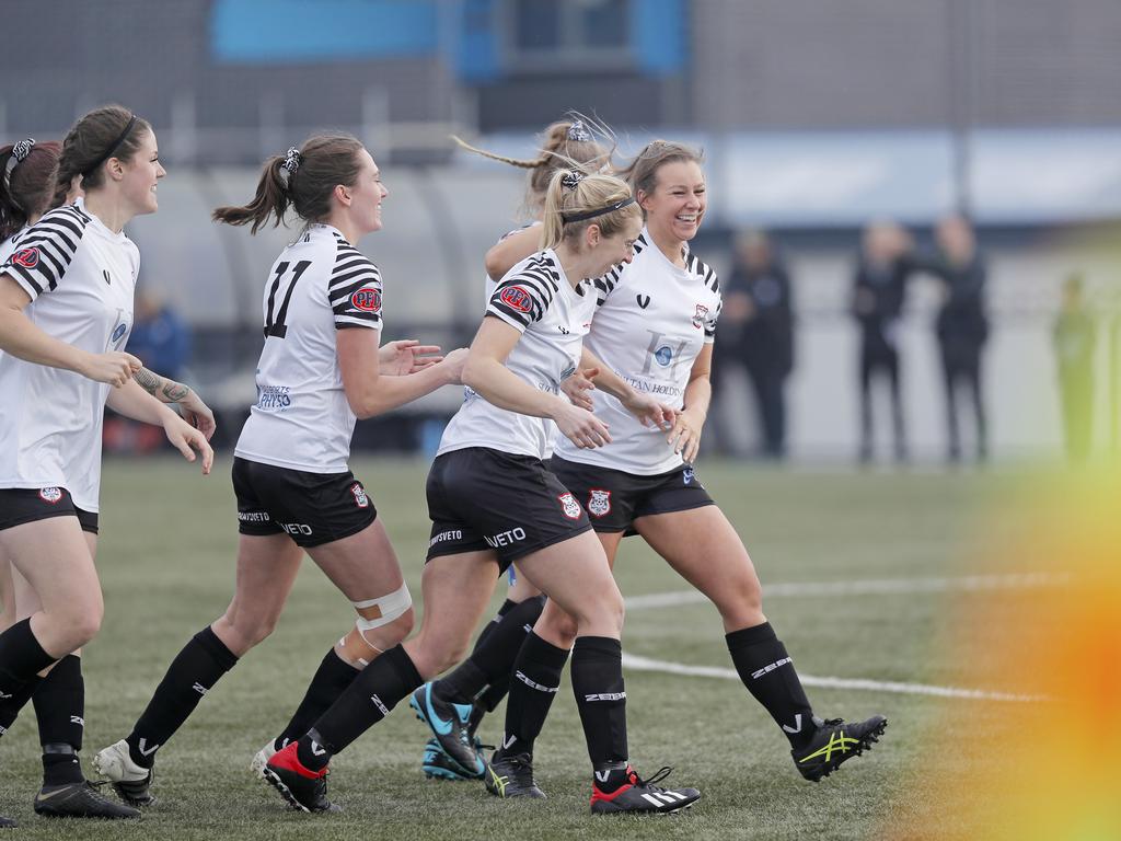 Hobart Zebras versus Kingborough Lions in the women's Statewide Cup final at KGV. Hobart's Danielle Kannegiesser, right, celebrates scoring a spectacular goal to open the scoring in the first half. Picture: PATRICK GEE