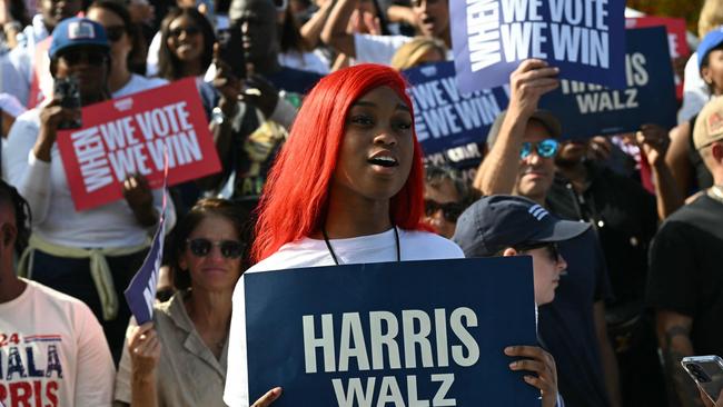 Supporters watch Democratic presidential candidate Kamala Harris speaks during a campaign rally in Atlanta, Georgia, on November 2, 2024. Picture: Andrew Caballero -Reynolds/AFP