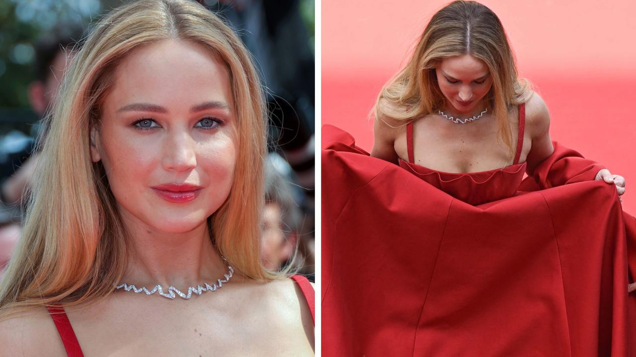 Jennifer Lawrence wore a billowing red Dior gown at Cannes.