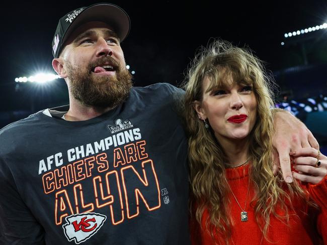 Travis Kelce of the Kansas City Chiefs celebrates with superstar partner Taylor Swift after defeating the Baltimore Ravens. But can Taylor make it to the Super Bowel on time? Picture: Getty