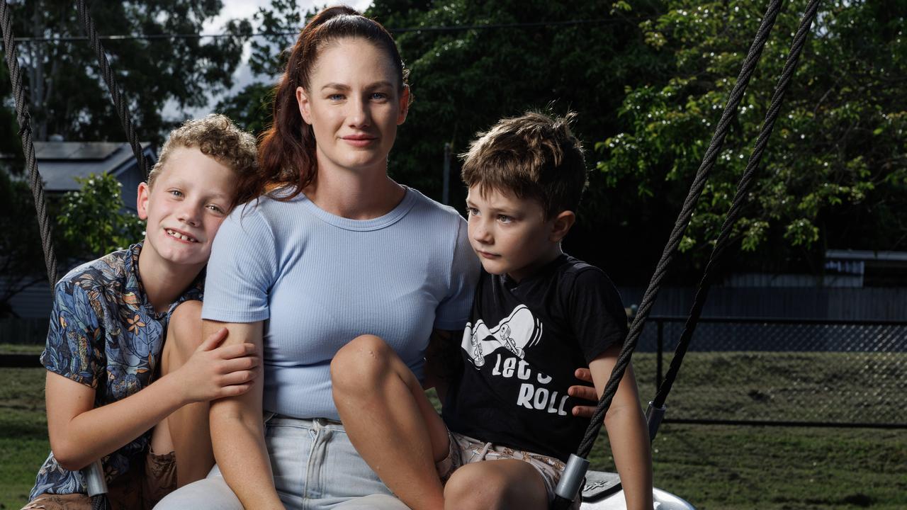 Enoggera single mum Samantha Eagle with sons Caleb, 8, and Levi, 6. Picture: Lachie Millard