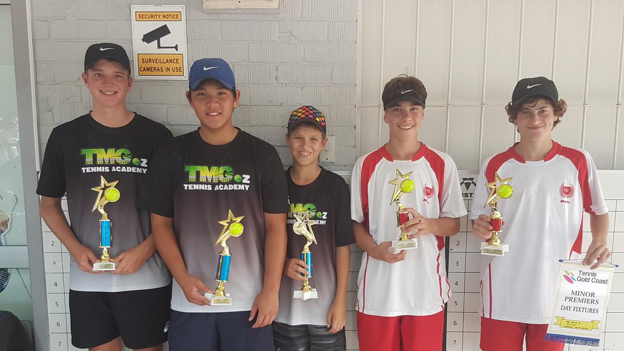 Gold Coast tennis finals. S1 - Jamie Legg, Ethan Gove, Angus James (TMGoz Thunderbolts) Louis Phillips, Blake Stoddart (PBC Reds 6)