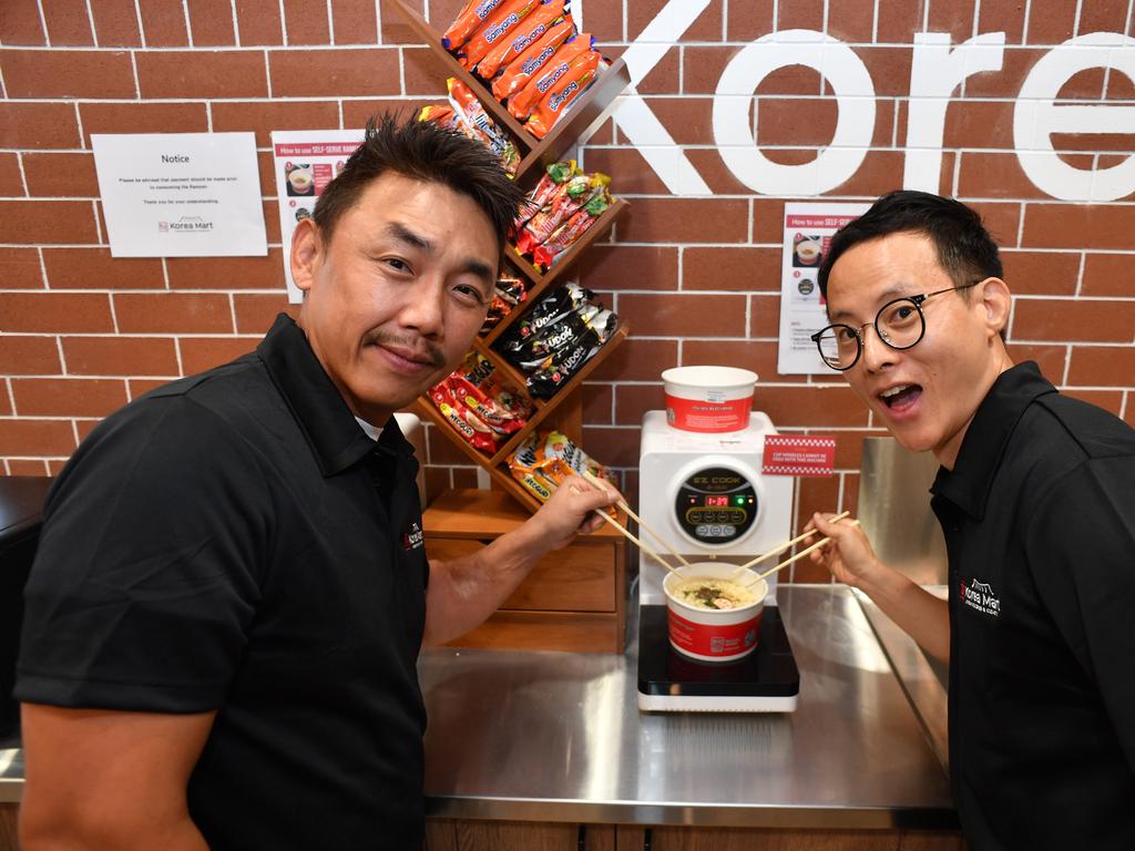 Tak Lee and Jonghyuk Lim at the Korea Mart which has opened in Fairfield Central. Picture: Evan Morgan