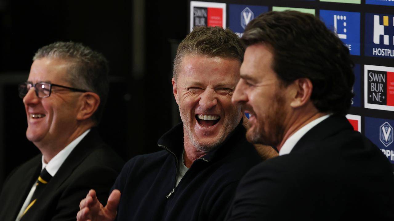 There were plenty of laughs from Damien Hardwick at his press conference. Picture: Michael Klein