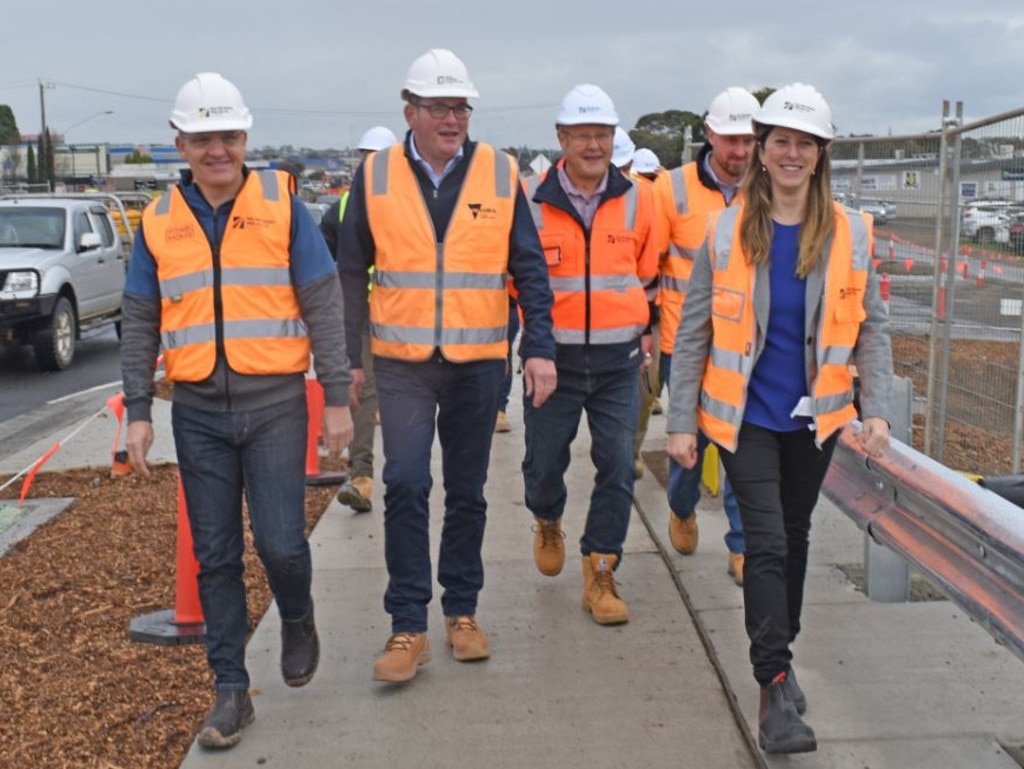 South Barwon MP Darren Cheeseman (left) and Bellarine MP Alison Marchant (right) with then premier Dan Andrews in a picture posted to Mr Cheeseman’s Facebook spruiking the Barwon Heads Rd duplication project. Source: Facebook.