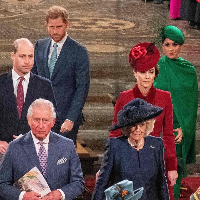 Meghan and Harry’s frosty exit in March 2020. Picture: Phil Harris / POOL / AFP.