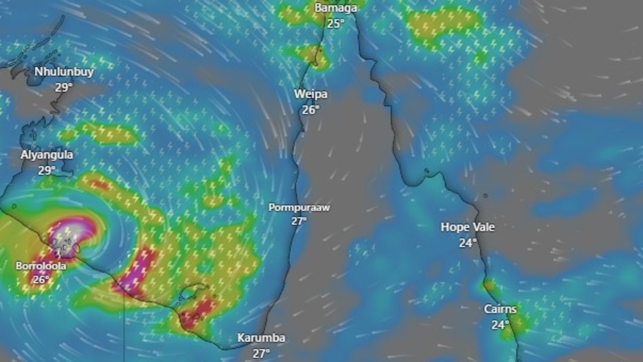 A gulf cyclone and a monsoonal trough could see rainfall totals as high as 300mm for parts of Far North Queensland. Image: Windy