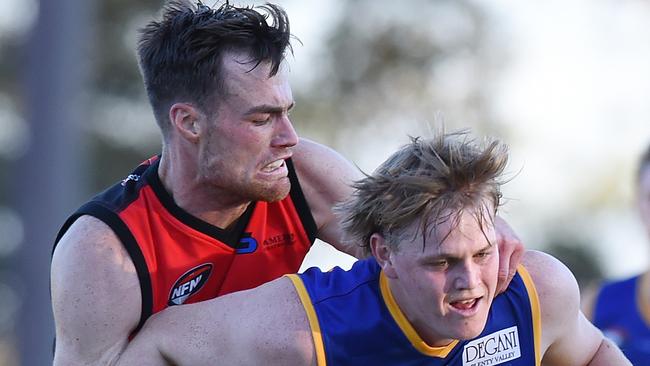 Brent Ryan tries to stop Lachlan Golledge. Picture: Josie Hayden