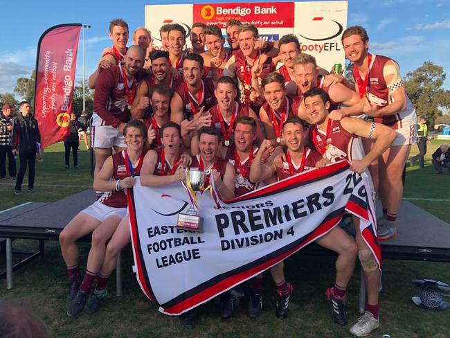 Whitehorse Pioneers celebrate their Eastern Football League (EFL) Division 4 premiership.