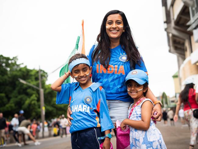 Deeptha Chugh with Aarav, 7 and Aashi, 5 arrive in support of India. Picture: Tom Parrish