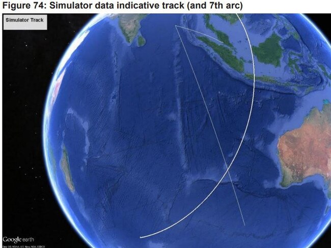 The Australian Transport Safety Bureau's final report shows the "x marks the spot" moment, where the flight meets the famous 7th satellite signal arc (the final attempted satellite handshake with the airliner) Picture: Google earth, annotated by ATSB