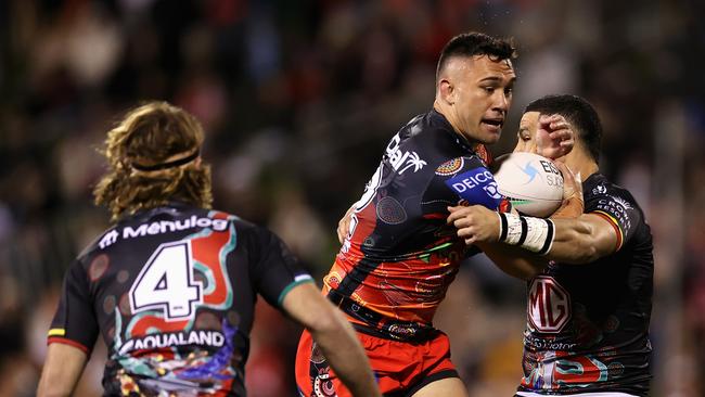 Dragons enforcer Jaydn Su'A is set to miss the squad despite Kaufusi’s unavailability. Picture: Getty Images.