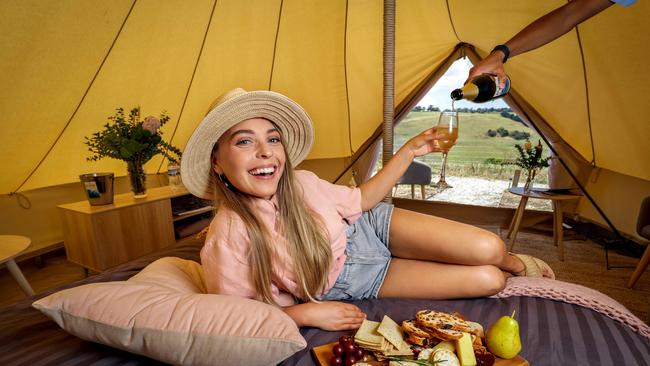 This is the life. Glamping at Blue Range Estate on the Mornington Peninsula. Picture: Nicole Cleary