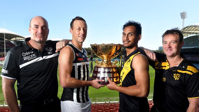 SANFL grand final presser. Port Adelaide Coach Matt Lokan and Captain Cam Suttcliffe and Glenelg Vice Captain Marlon Motlop and Coach Mark Stone at Adelaide Oval. Picture: Tricia Watkinson