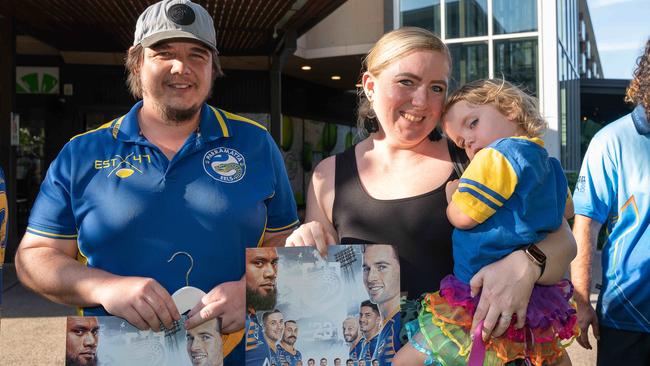 Nathan Barber, Tegan Campbell and Evie Barber at the Parramatta Eels signing session. Picture: Pema Tamang Pakhrin