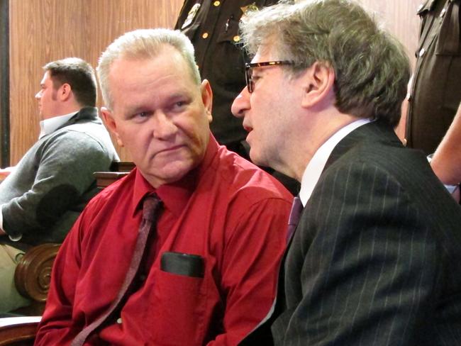 Randolph Arledge, left, speaks to one of his attorneys, Innocence Project co-director Barry Scheck. Arledge was released from prison after three decades after new DNA evidence showed he was wrongfully convicted of a 1981 murder. Picture: AP Photo/Nomaan Merchant