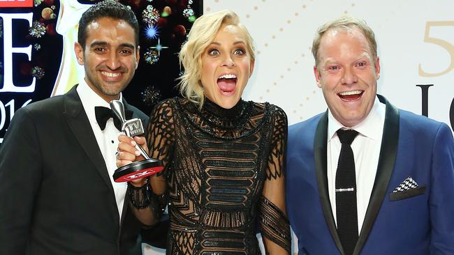 Waleed Aly, Carrie Bickmore and Peter Helliar pose with the Logie Award for Best News Panel Or Current Affairs Program at last year’s Logies. Picture: Scott Barbour/Getty Images