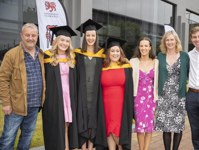 Anna Vout, Sarah Womersky and Morgan Brudenell with friends. UTAS graduations. School of College of Health and Medicine Graduate Research. Picture: RICHARD JUPE