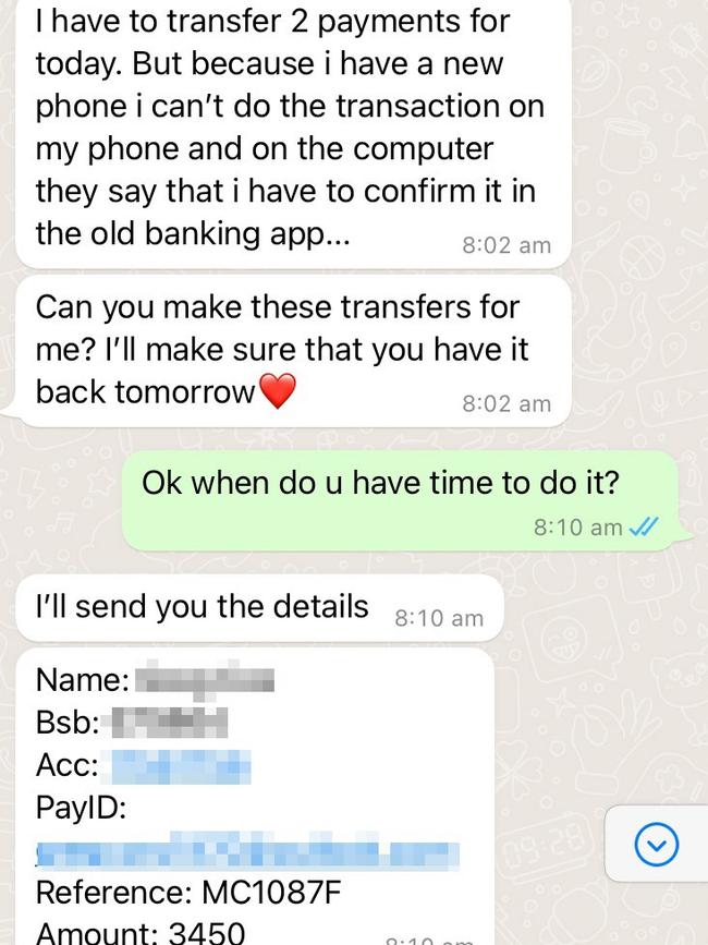 Screenshots of victim of the "Hi mum" scam". Photo: Supplied