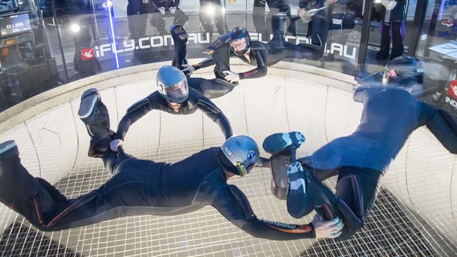 Competitors at the Indoor Skydiving competition in the AA Formation Skydiving 4-Way event.