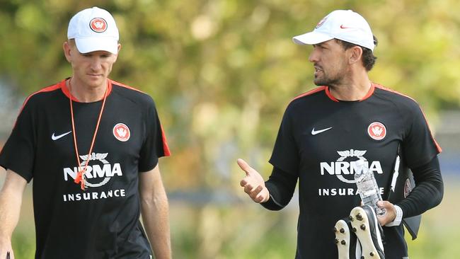 Coach, Tony Popovic, c, arrives for training with assistants Hayden Foxe and Zeljko Kalac  at Western Sydney Wanderers training at Blacktown International Sportspark, Rooty Hill. pic Mark Evans