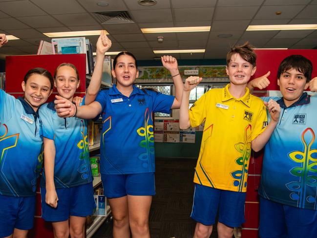 Stuart Park Primary School school captains Angela Mouzourakis, Lili Johnston, Eva Tsirogianis, Austin Robinson and Caleb Nathanael said the Middle Schoolers for the Day program was helping them prepare for next year. Picture: Pema Tamang Pakhrin