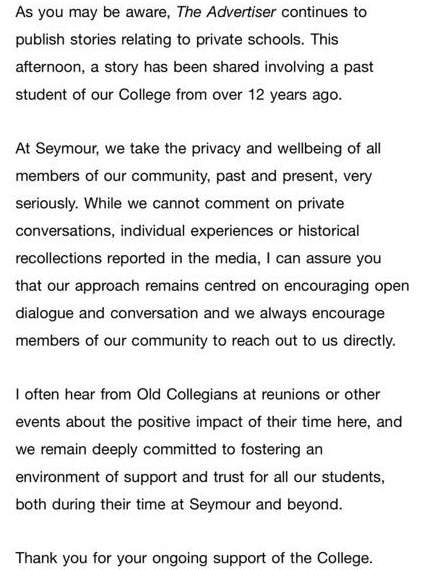 Seymour College letter in reaction to our article on a historic bullying case. Picture: Supplied