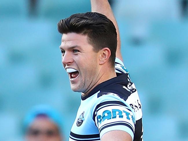 SYDNEY, AUSTRALIA - SEPTEMBER 10: Chad Townsend of the Sharks celebrates scoring a try during the NRL Elimination Final match between the Cronulla Sharks and the North Queensland Cowboys at Allianz Stadium on September 10, 2017 in Sydney, Australia.  (Photo by Mark Kolbe/Getty Images)