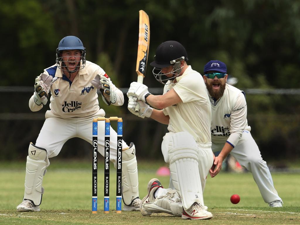 VSDCA - Croydon batsman William Pleming is hit on the pad. Picture: Stuart Milligan