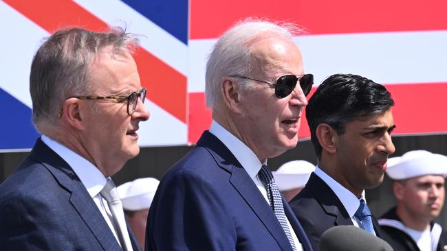 Australian Prime Minister Anthony Albanese, US President Joe Biden and British Prime Minister Rishi Sunak hold a press conference after a trilateral meeting during the AUKUS summit in San Diego, California. Picture: Leon Neal / Getty Images