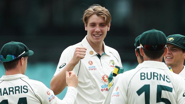 SYDNEY, AUSTRALIA - DECEMBER 11: Cameron Green of Australia A celebrates with team mates after claiming the wicket of Shubman Gill of India during day one of the tour match between Australia A and India at Sydney Cricket Ground on December 11, 2020 in Sydney, Australia. (Photo by Brendon Thorne/Getty Images)