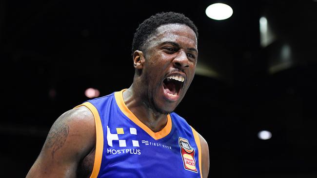 Lamar Patterson celebrates an important bucket in a win over Perth.