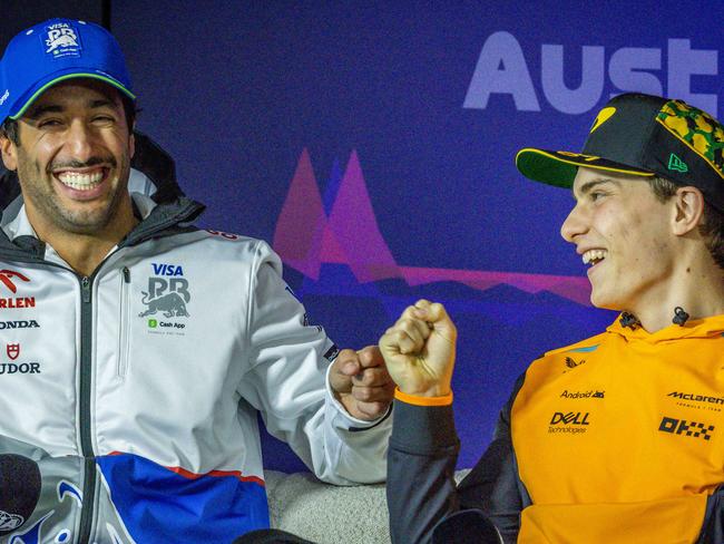 Australian F1 Grand Prix, Melbourne. Albert Park. 2024. Thursday. Daniel Ricciardo and Oscar Piastri chat during a driver press conference. Picture: Jake Nowakowski