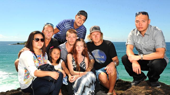 Heroes at Fingal Heads: Rihanna Milabo with Shyra Milabo (mum), Raymond Williams (black shirt, sunglasses on head), Levi Wiringi (stripes), Luke Robinson with girlfriend Taylor Cane, Steve Kuzius (hat), Rickel Milabo (dad far right). Picture: JOHN GASS